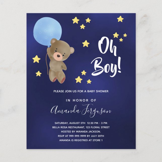 Baby shower boy teddy bear blue invitation (Front)