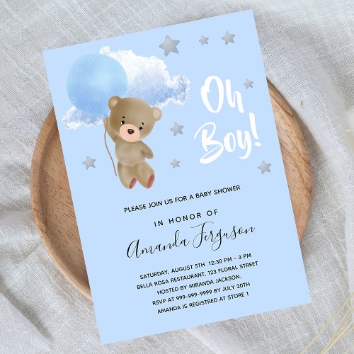 Baby shower boy teddy bear blue stars invitation