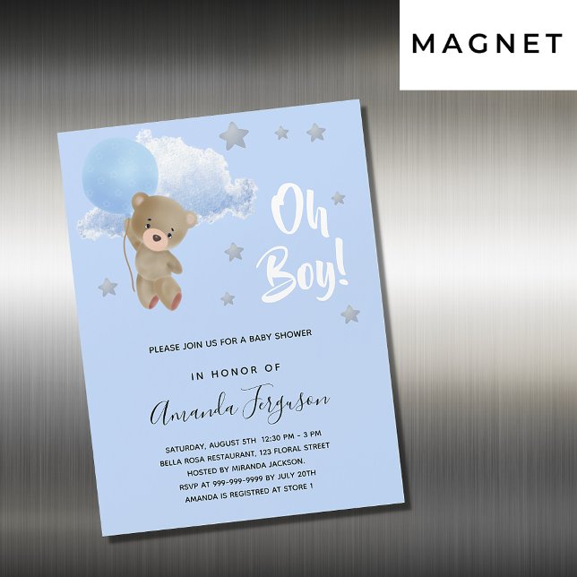 Baby shower boy teddy bear blue stars luxury magnetic invitation (Creator Uploaded)
