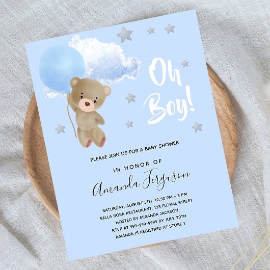 Baby shower boy teddy bear invitation