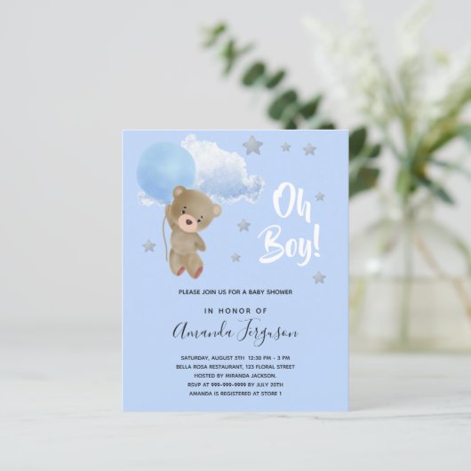 Baby shower boy teddy bear invitation (Standing Front)