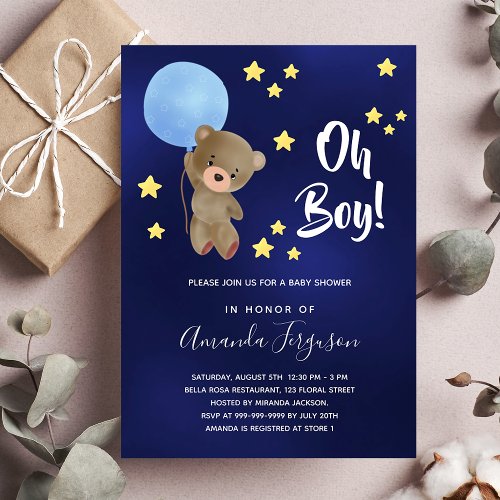 Baby shower boy teddy bear navy blue stars  invitation