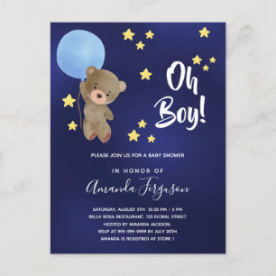 Baby shower boy teddy bear navy blue stars invitation postcard