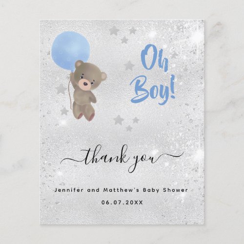 Baby Shower boy teddy bear silver thank you card