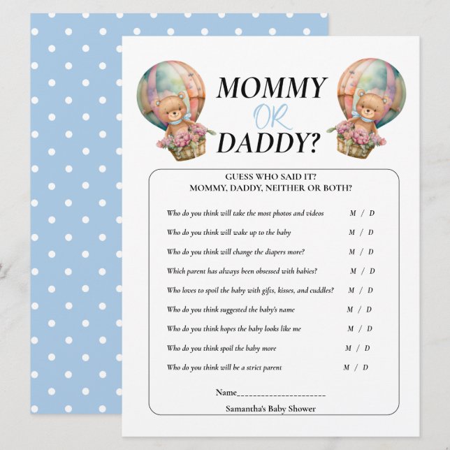 Baby Shower Boy Teddy Mommy Daddy Balloon Blue    Invitation (Front/Back)