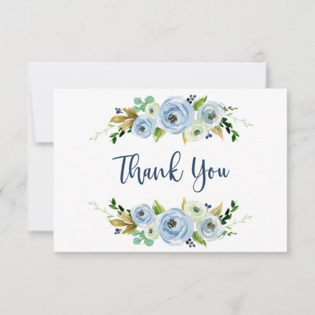 Baby shower boy thank you cards, floral blue note card (Front)