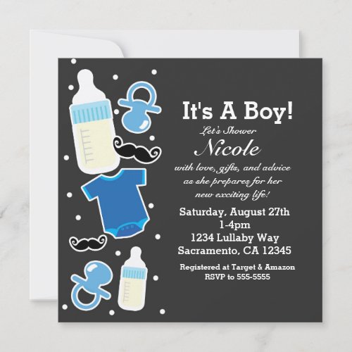 Baby Shower Boy Things Blue  Grey Modern Invitation