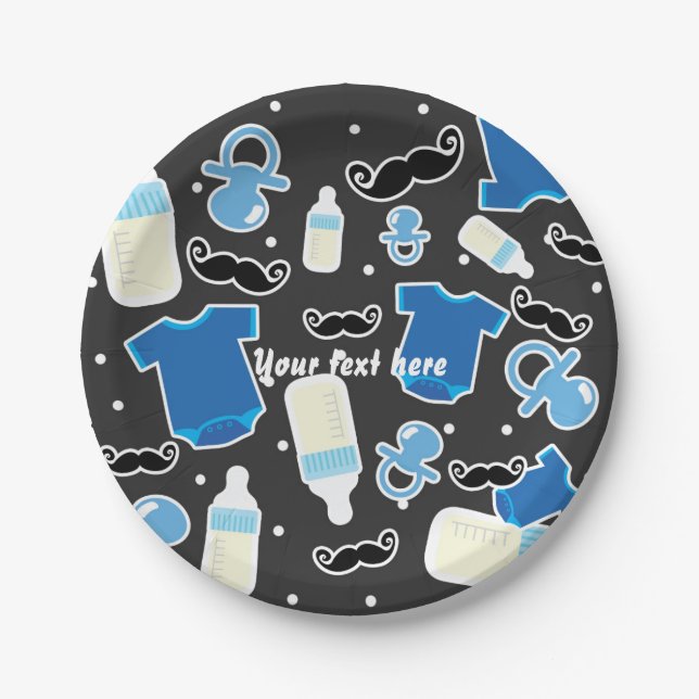 Baby Shower Boy Things Blue & Grey Modern Paper Plates (Front)