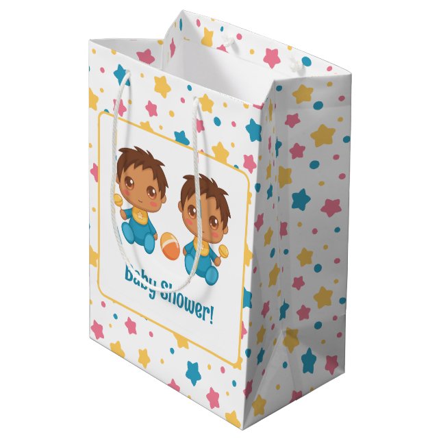 Baby Shower Boy Twins Stars Dark Medium Gift Bag (Back Angled)