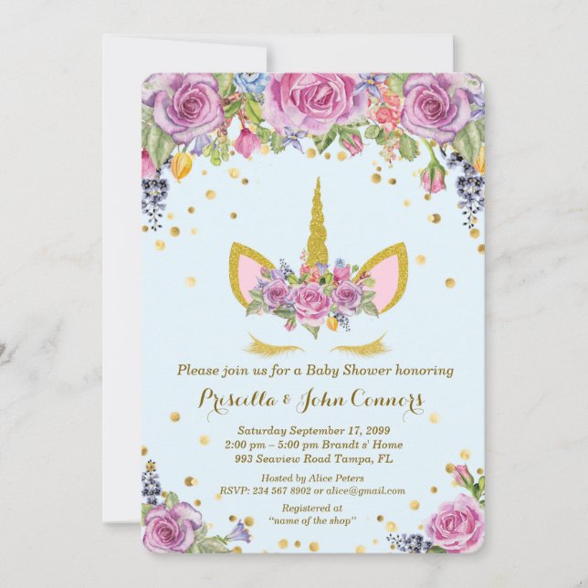 Baby Shower Boy Unicorm invitation,flowers, blue Invitation (Front)