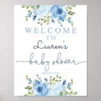 Baby shower boy welcome sign, floral blue poster