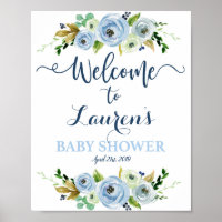 Baby shower boy welcome sign, floral blue poster