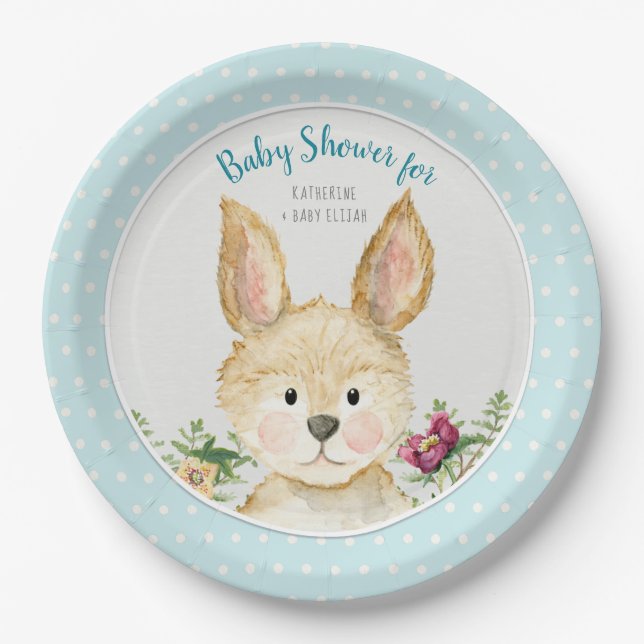 Baby Shower Boy Woodland Animal Cute Bunny Rabbit Paper Plates (Front)