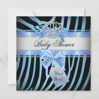 Baby Shower Boy Zebra Blue Prince Crown Black Invitation