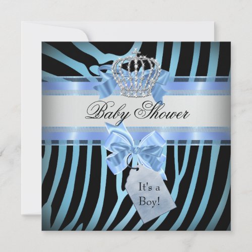 Baby Shower Boy Zebra Blue Prince Crown Black Personalized Invite