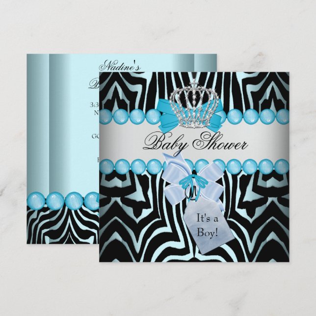 Baby Shower Boy Zebra Blue Prince Crown Black Invitation (Front/Back)