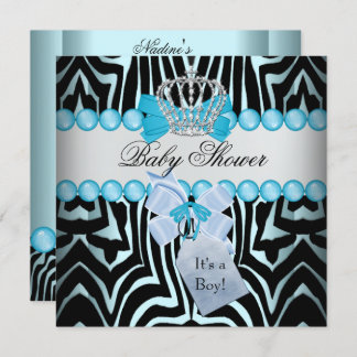 Baby Shower Boy Zebra Blue Prince Crown Black Invitation