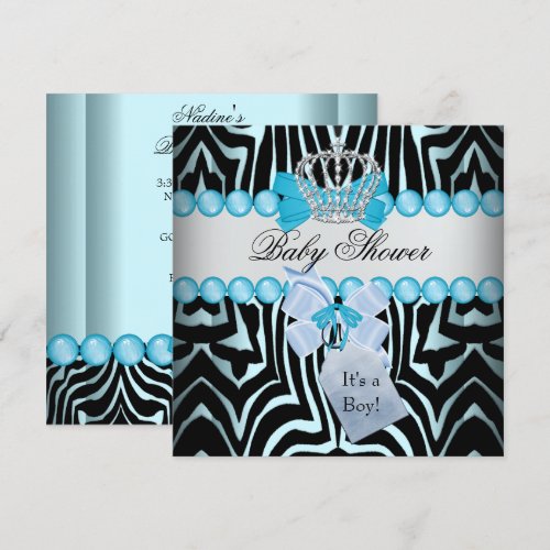 Baby Shower Boy Zebra Blue Prince Crown Black Personalized Invites