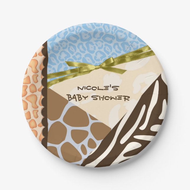 Baby Shower Boys Blue Safari Print Themed Paper Plates (Front)
