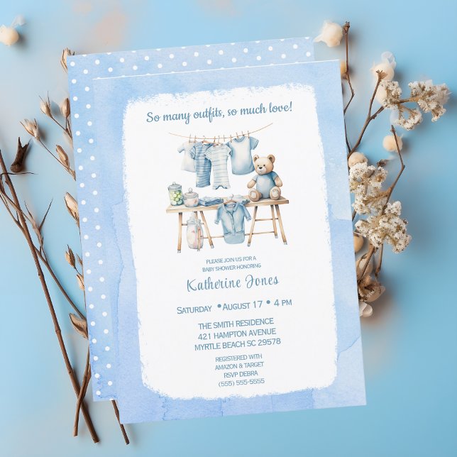 Baby Shower Boys  Clothesline Teddy Bear Invitation (Creator Uploaded)