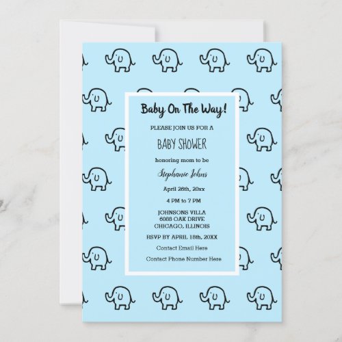 Baby Shower Boys Girls Elephant Patterns Blue Cute Invitation