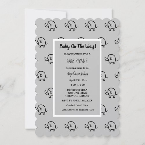 Baby Shower Boys Girls Elephant Patterns Grey Cute Invitation