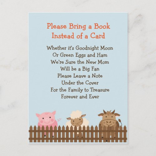 Baby Shower Bring a Book Game_ Farm Animal Theme Invitation Postcard