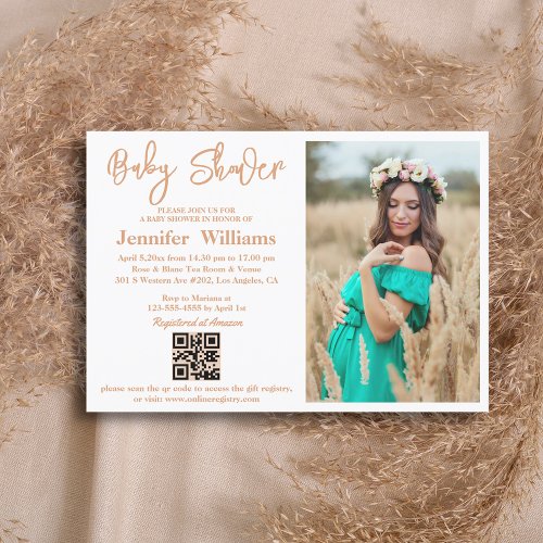 baby shower brown calligraphy photo qr code chic invitation