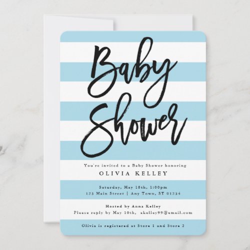 Baby Shower Brush Script Spa Blue Striped Invitation