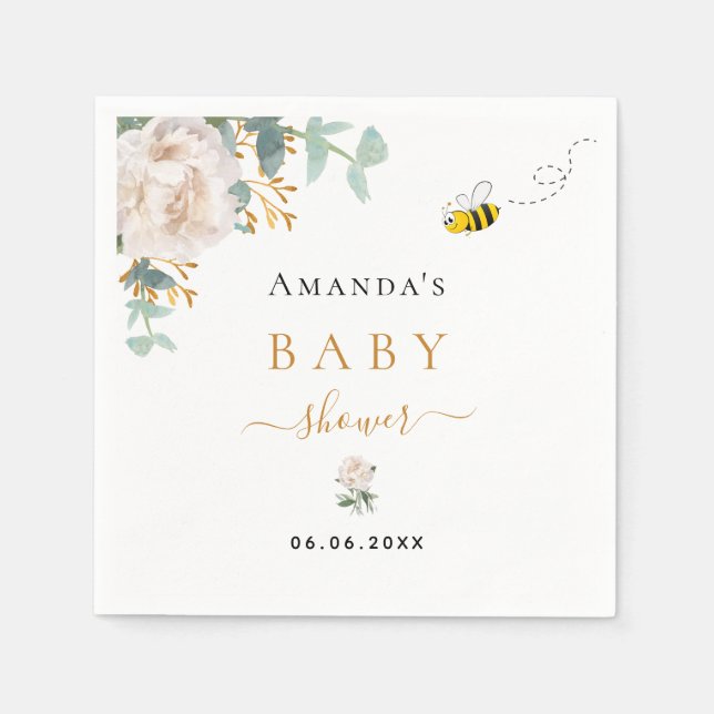 Baby Shower bumble bee floral eucalyptus greenery Napkins (Front)