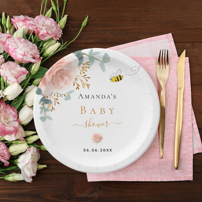 Baby Shower bumble bee pink floral greenery girl Paper Plates (Creator Uploaded)
