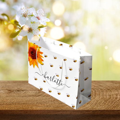 Baby shower bumble bees rustic sunflower name large gift bag