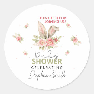 Baby Shower Bunny Ears and Floral Design Classic Round Sticker