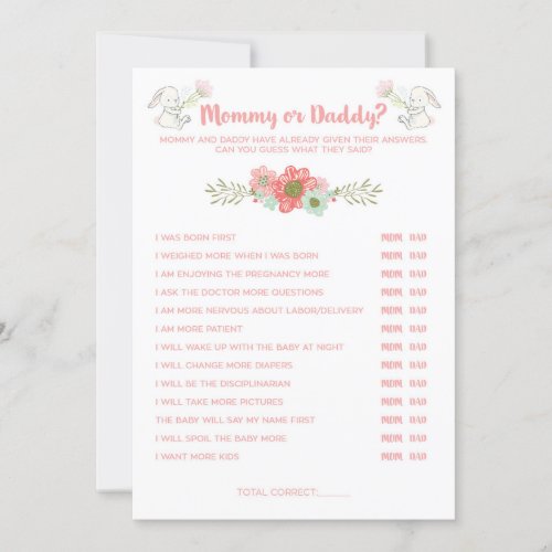 Baby Shower Bunny Mommy or Daddy Game Card