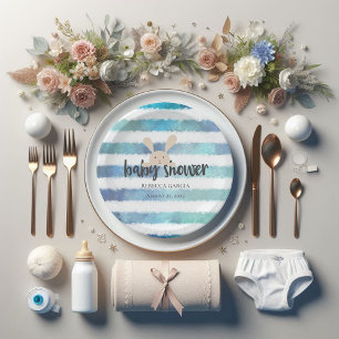 Baby Shower Bunny Rabbit Blue White Stripe Paper Plates