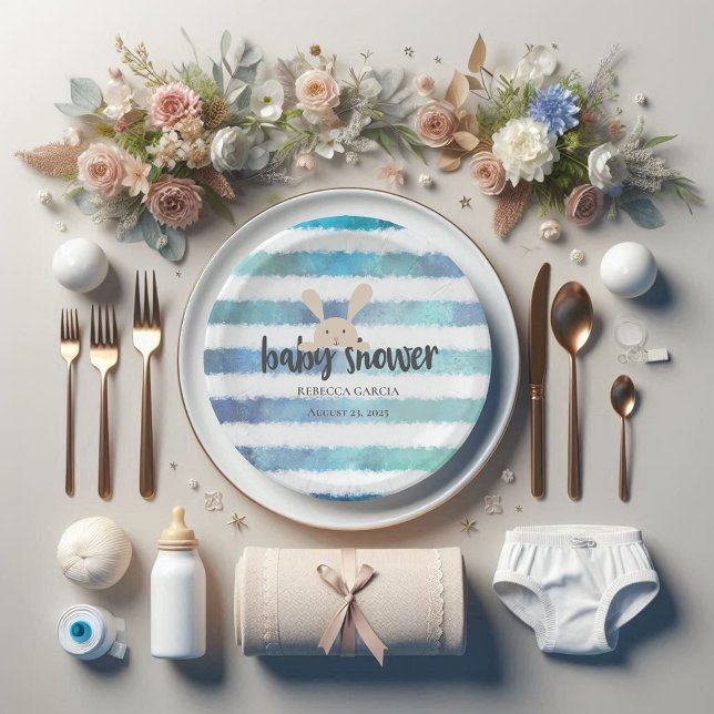 Baby Shower Bunny Rabbit Blue White Stripe Paper Plates (Creator Uploaded)