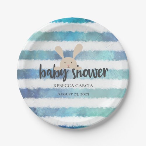 Baby Shower Bunny Rabbit Blue White Stripe Paper Plates
