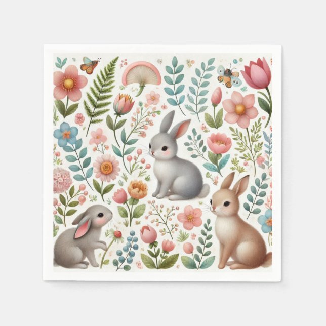 Baby Shower  Bunny Rabbits and Flowers Napkins (Front)