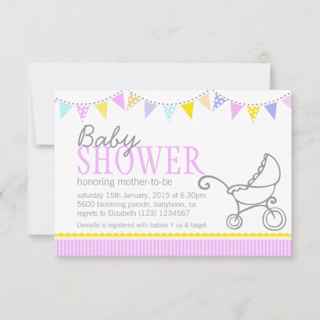 Baby shower bunting pram stroller pink invite (Front)