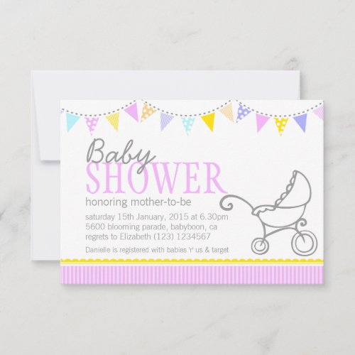 Baby shower bunting pram stroller pink invite