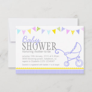 Baby shower bunting pram stroller purple invite