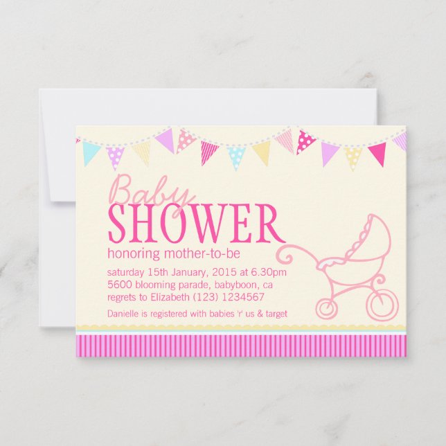 Baby shower bunting stroller pink yellow invite (Front)
