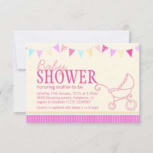 Baby shower bunting stroller pink yellow invite