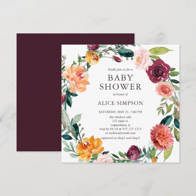 Baby Shower Burgundy Blush Pink Floral Wreath Invitation (Front/Back)