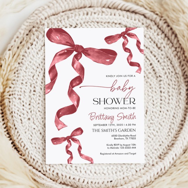 Baby Shower Burgundy Bow Invitation (Creator Uploaded)