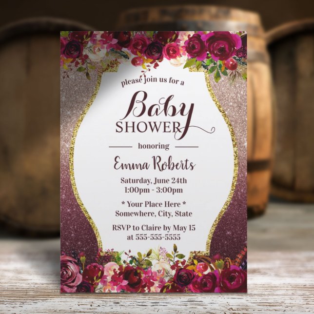 Baby Shower Burgundy Floral Modern Rose Gold Invitation