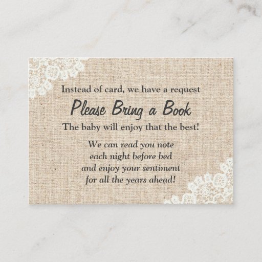 Customizable Burlap &amp; Lace Bring a Book Baby Shower Insert Business Card