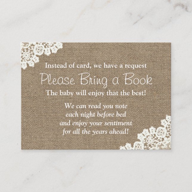 Baby Shower Burlap & Lace Bring a Book Request Enclosure Card (Front)