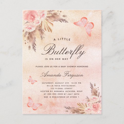 Baby shower butterfly blush pampas grass rose gold invitation postcard
