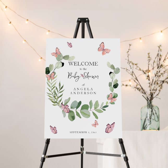 Baby Shower Butterfly Eucalyptus Welcome Foam Board (In Situ (Stand))